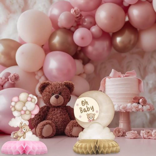 Pink Bear Party Centerpiece Set - Girl Teddy Bear Honeycomb Birthday Decorations and Bear Table Toppers for Kids' Bear-Themed Birthday and Baby Shower Table Decor