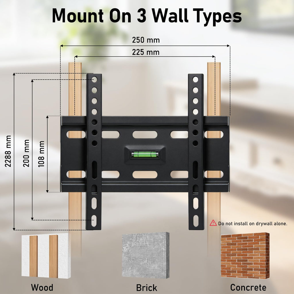 Alrhipvm Fixed TV Monitor Wall Mount for 12-43 Inches LED LCD TVs, Low Profile Small TV Mount, Flush Mount Flat Wall Bracket, Max VESA 200x200mm, Max Load 55lbs