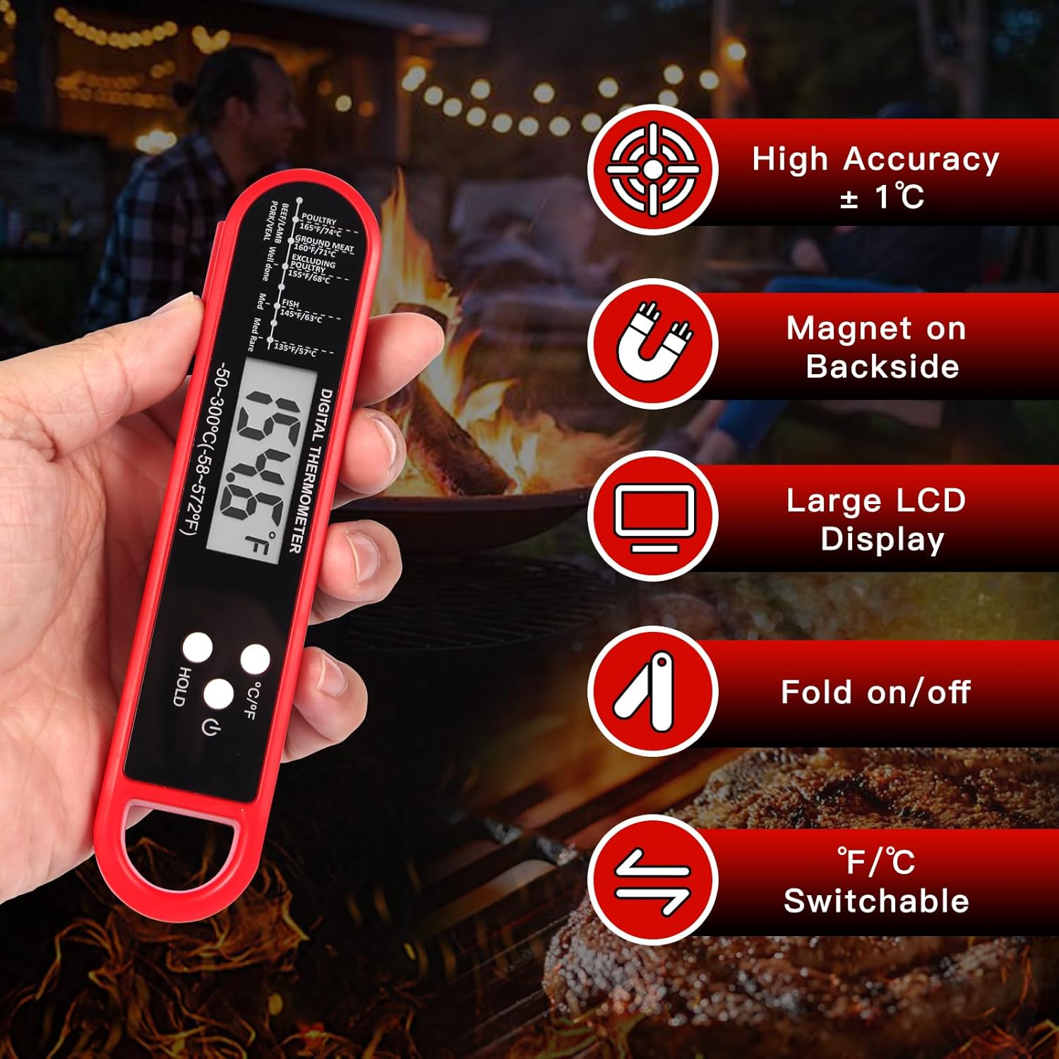 Skiennix Digital Meat Thermometer - Instant Read Waterproof BBQ Probe with Strong Magnet for Perfect Cooking