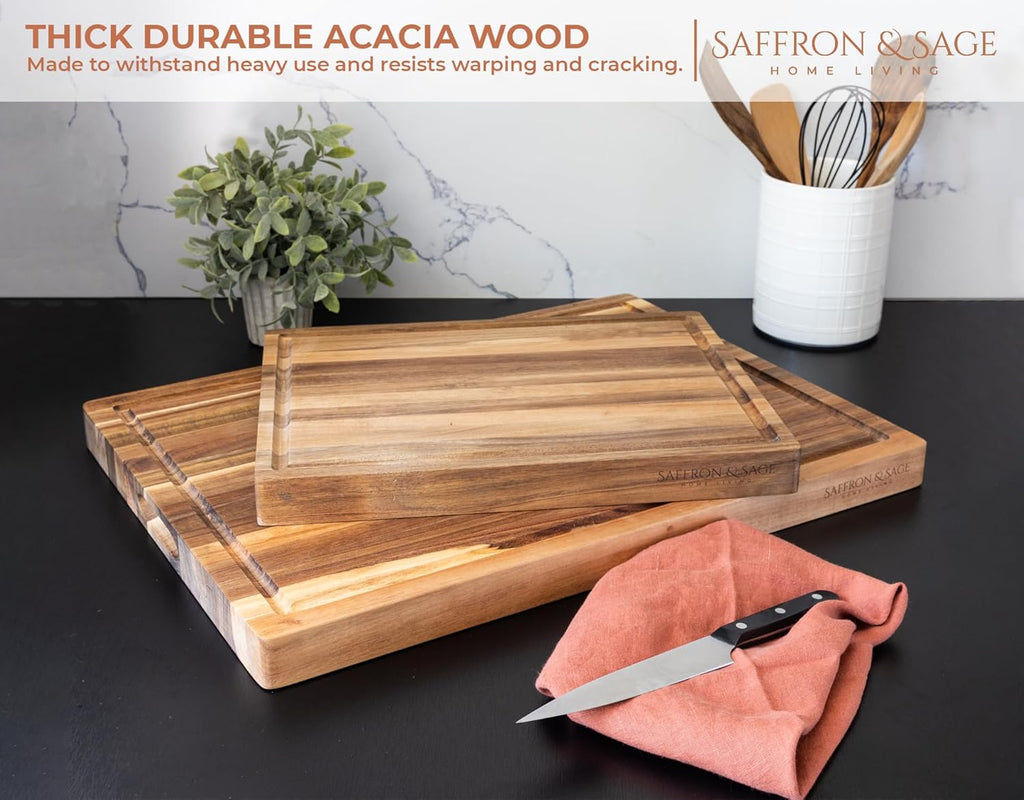 Saffron & Sage Large Wood Cutting Board - Thick 16 x 12 x 1.5 Inch Acacia with Deep Juice Groove | Reversible Chopping & Charcuterie Board