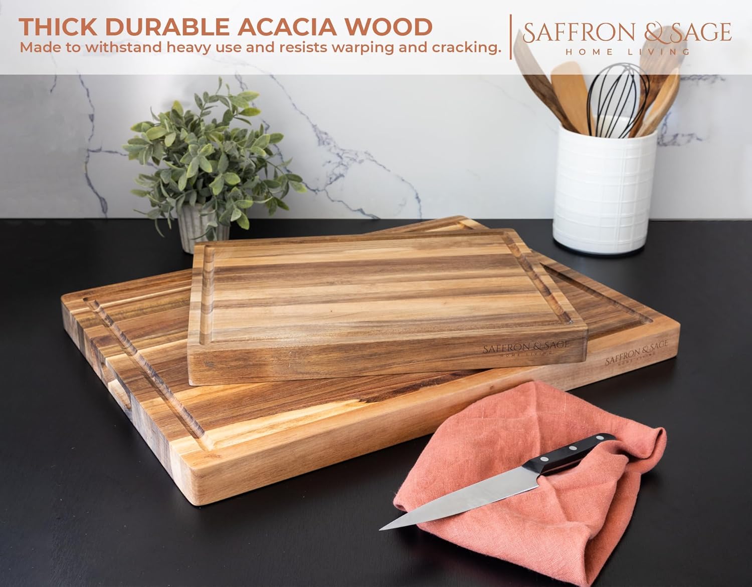 Saffron & Sage Large Wood Cutting Board - Thick 16 x 12 x 1.5 Inch Acacia with Deep Juice Groove | Reversible Chopping & Charcuterie Board