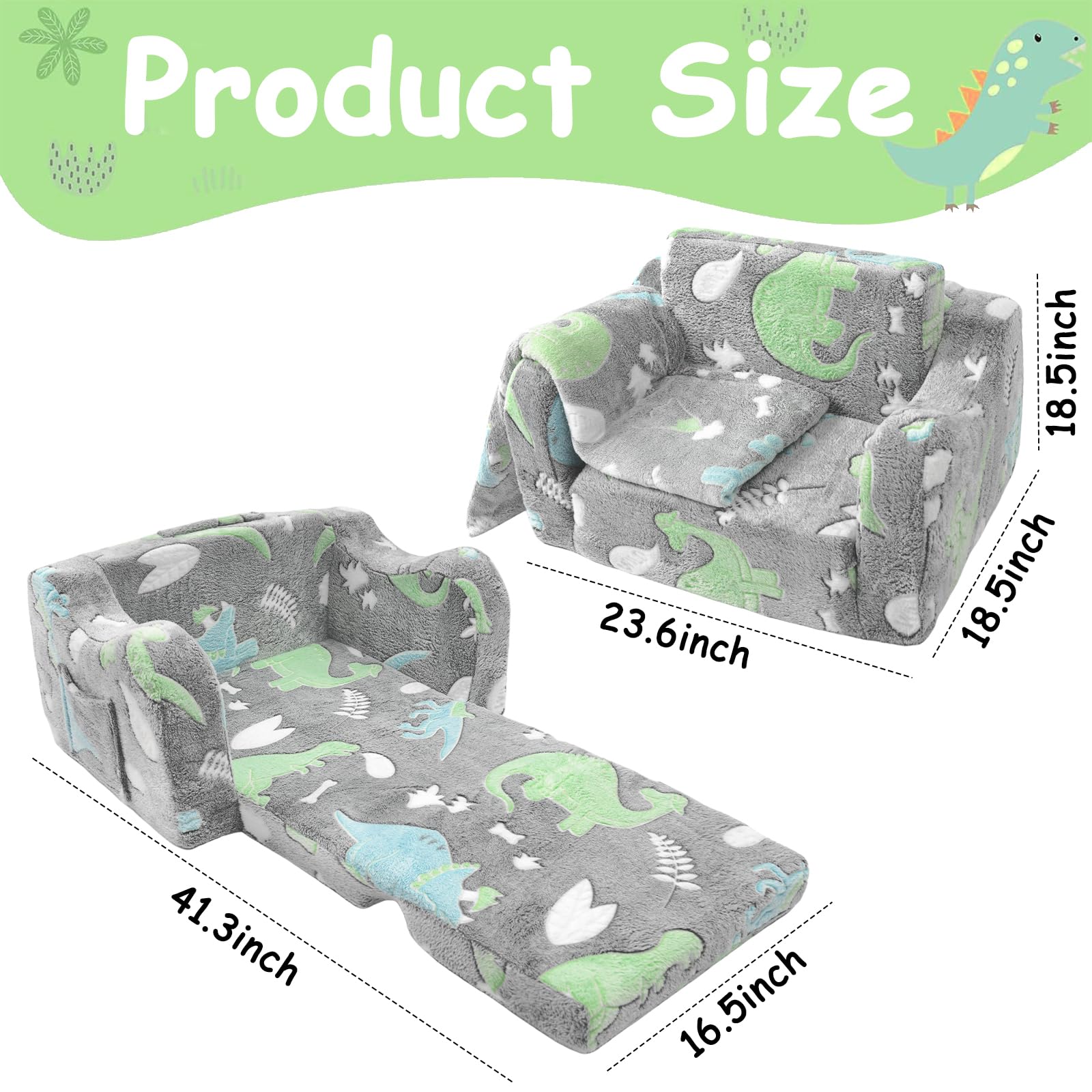 Poakkus 2-in-1 Soft Plush Toddler Couch & Chair – Fold Out Convertible Sofa to Lounger with Blanket, Glow-in-The-Dark Dinosaur Design for Boys & Girls, Playroom/Kids’ Bedroom