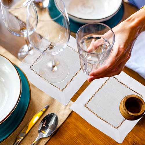 80 Pcs Linen Cocktail Napkins Bulk 6 x 6 Inch Cloth Hemstitch Fabric Napkins for Party Wedding Bar Beverage Coffee Dessert (White)