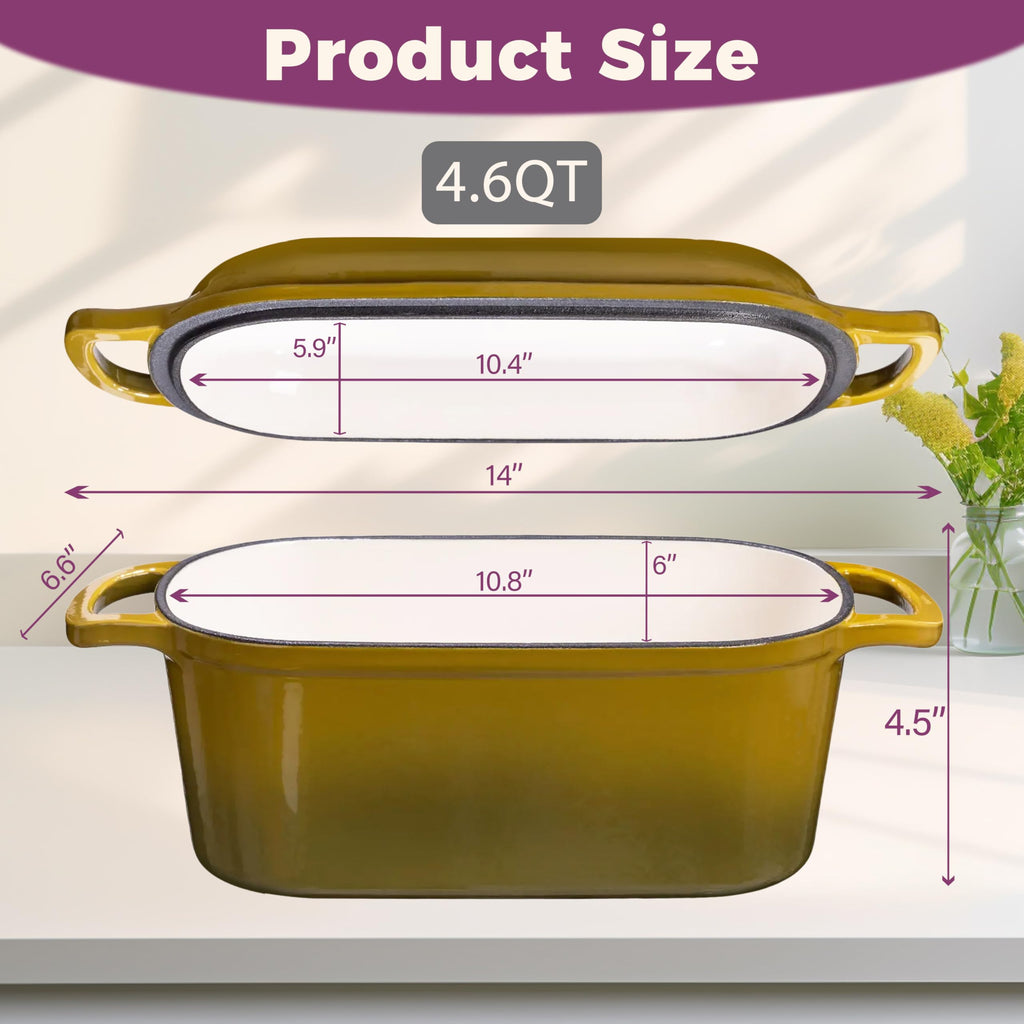 Vanderlume 4.6-Quart Oval Dutch Oven for Bread Baking, 2 in 1 Cast Iron Bread Pan with Lid, Sourdough Baking Pan for a Crispy Crust, Olive