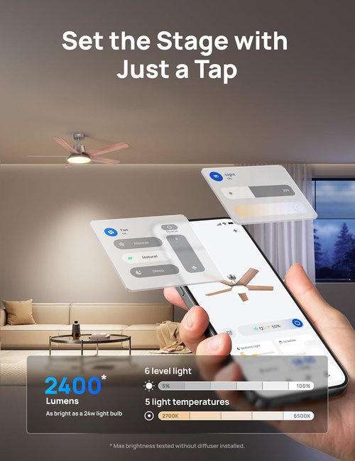 DREO Smart Ceiling Fan - 52 Inch with Dimmable LED Lights, 12 Speeds & Quiet DC Motor | Remote & Alexa Control