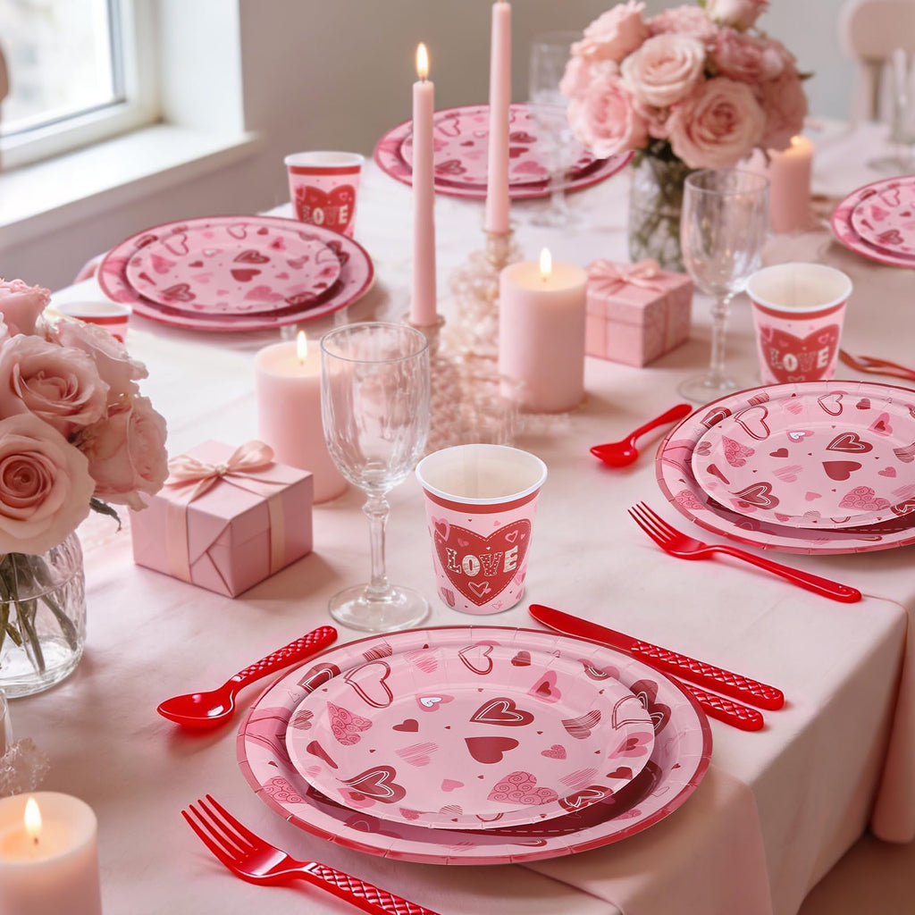Valentine's Day Party Decorations Plates Red Heart themed Disposable Plate with Cups Banner Tablecloth,Serves 24