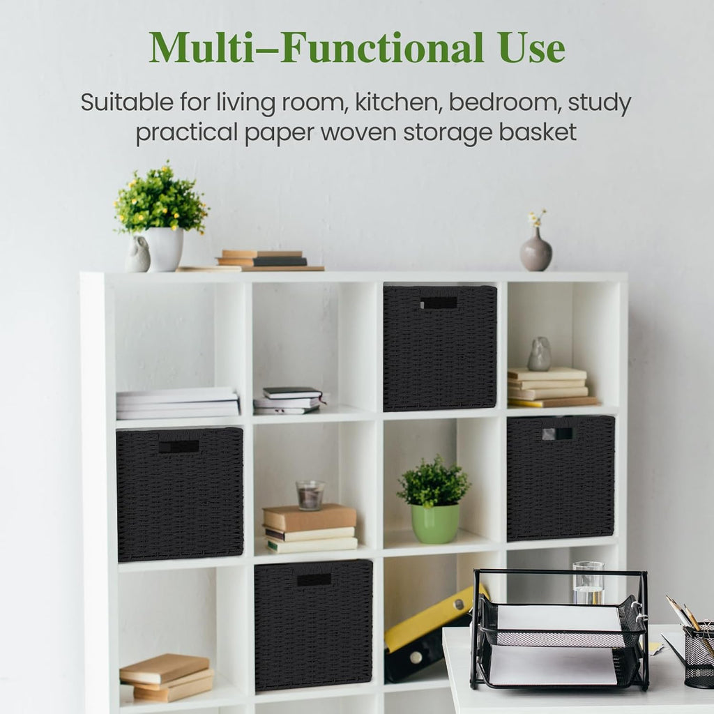 Skiennix Woven Wicker Storage Baskets - 2-Pack Handwoven Paper Rope Organizers | 11x11 Foldable Black Bins