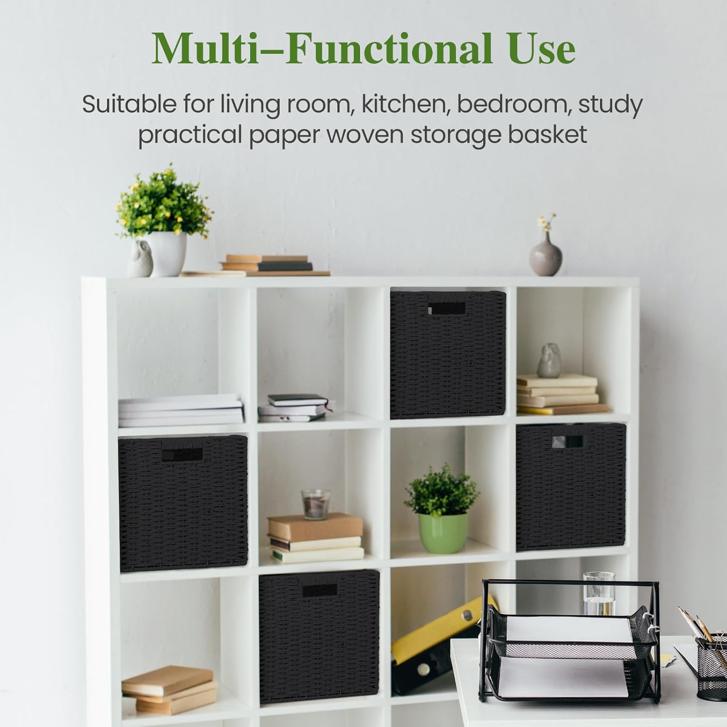 Skiennix Woven Wicker Storage Baskets - 2-Pack Handwoven Paper Rope Organizers | 11x11 Foldable Black Bins
