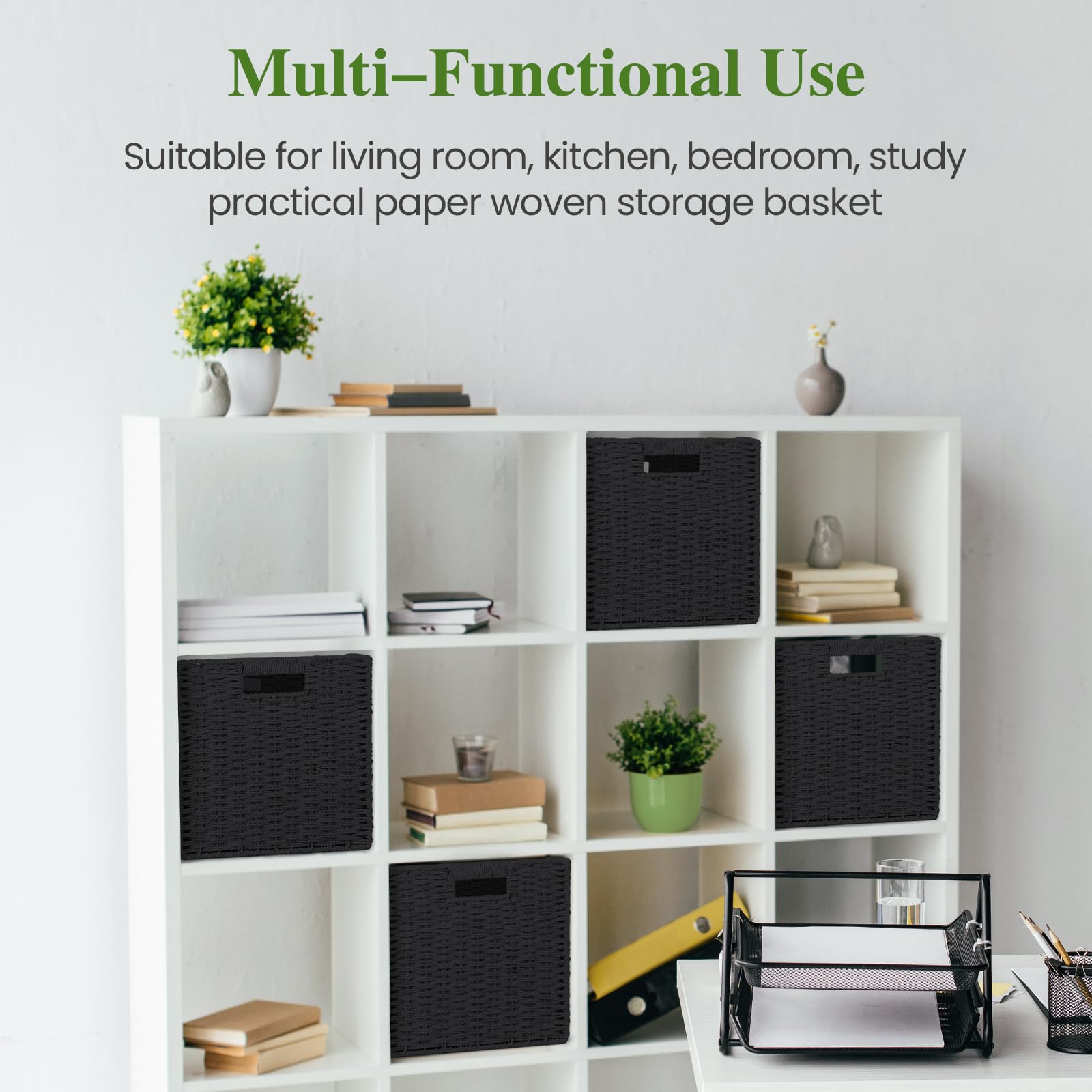 Woven Wicker Storage Baskets 2-Pack, 11x11 Handwoven Paper Rope Organizer Bins, Foldable Cube Storage Cubes with Built-in Handles for Shelves and Closet Organization(Classic Black)