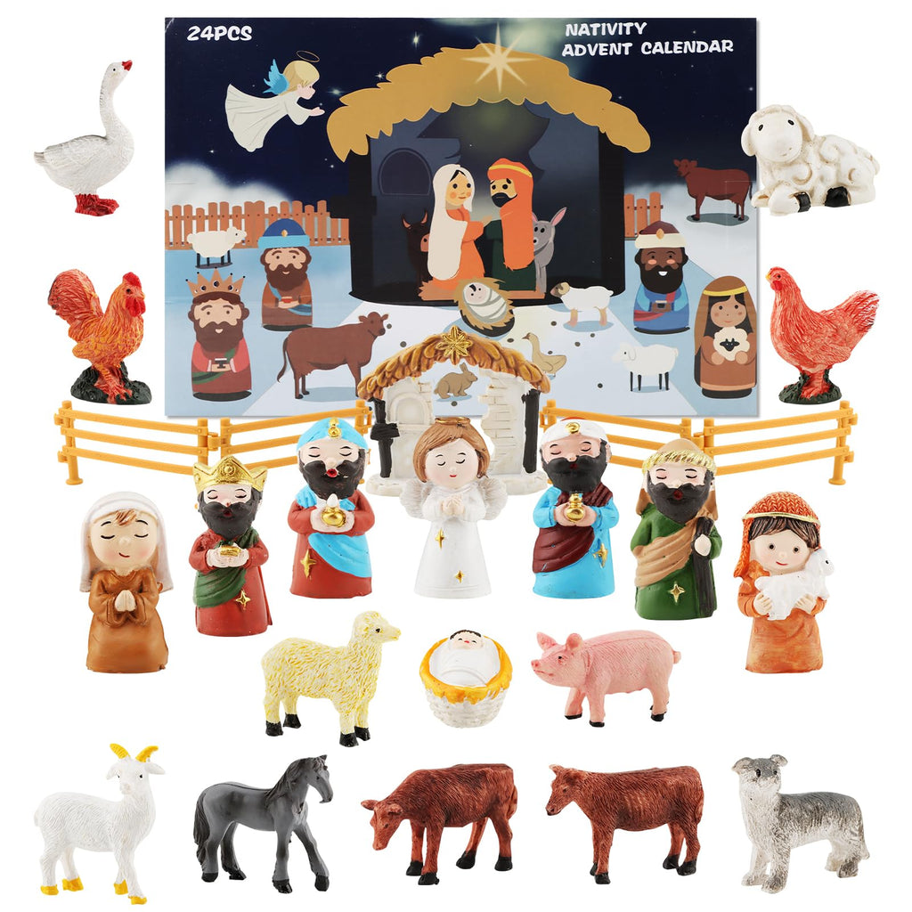 Nativity Scene Advent Calendar, 24 Days Countdown Set with Miniature Figures & Animals, Religious Holiday Decor