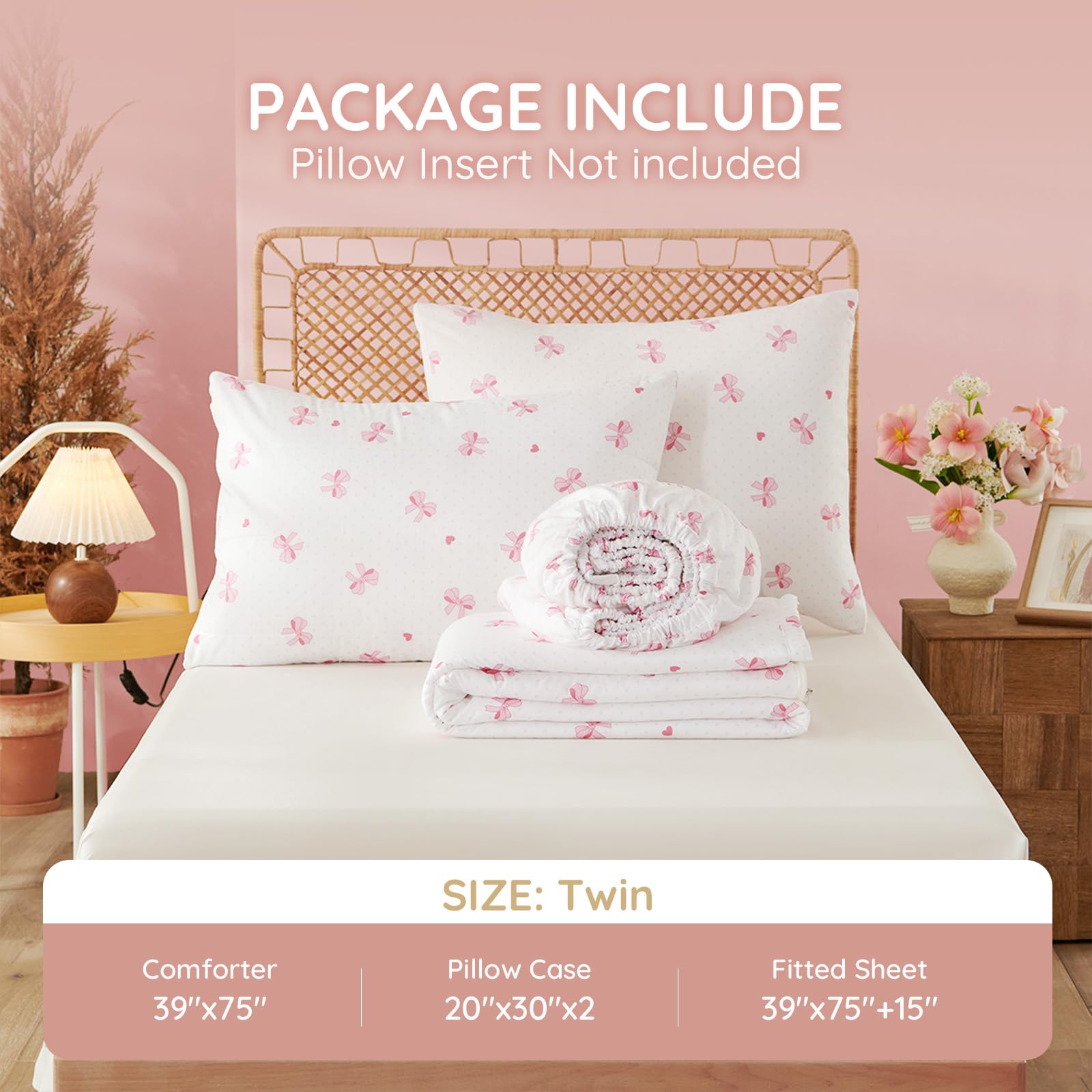 Erwinmu Kids Comforter Sets Bow Printed Zipper Bedding Sets for Girls, 3pcs Brown All in one Bed in a Bag, Easy to Make and Wash Includes Fitted Sheet and Pillow Sham, Twin