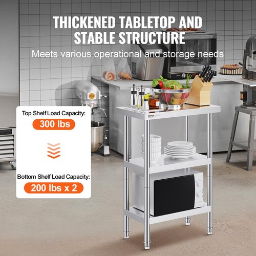 VEVOR Stainless Steel Food Prep Table, 14 x 24 x 34 Inch Commercial Food Prep Worktable Heavy Duty Prep Worktable, Metal Work Table with Adjustable Height for BBQ, Kitchen, Home, and Garage