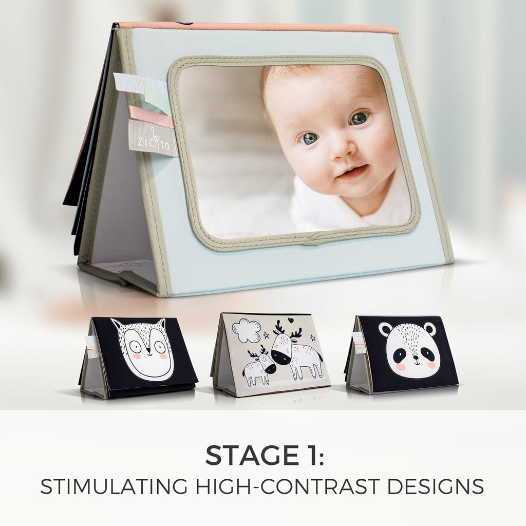 Skiennix Soft Tummy Time Book - High Contrast Montessori Toy with Safe Mirror & Crinkle Filling | Ideal for Newborn Development