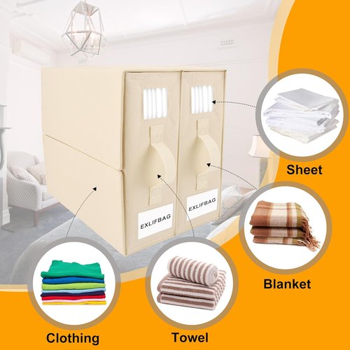 EXLIFBAG Sheet Organizers - Foldable Bed Sheet Storage with Window | XL for Queen & King Size, Beige