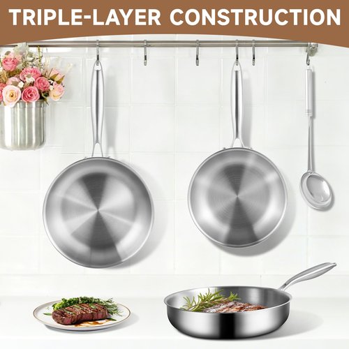 GOLDEN KEY 12 Inch Tri-Ply Stainless Steel Pan, Stainless Steel Frying Pan with Lid,Stainless Steel Skillet Induction All Cooktops, PFOA/PTFE Free Skillet,Health&Safety,Heavy Duty&Fast & Even Heat