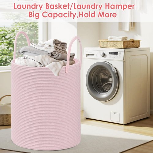 HOBASKET Cotton Rope Storage Basket with Handles, Pink, Large Capacity Laundry Hamper and Laundry Basket for Clothes, 15x18 Inches, Nursery Organizer