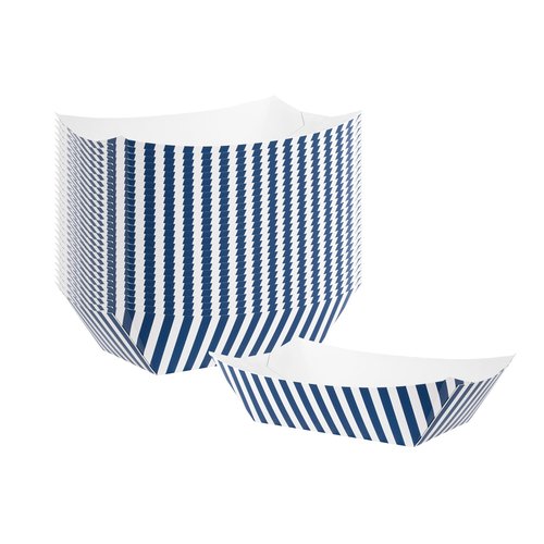 Restaurantware Bio Tek 1 Pound Food Boats 200 Disposable Paper Food Trays - Heavy-Duty Greaseproof Striped Paper Food Boats For Snacks Appetizers Or Treats Use At Parties Or Carnivals