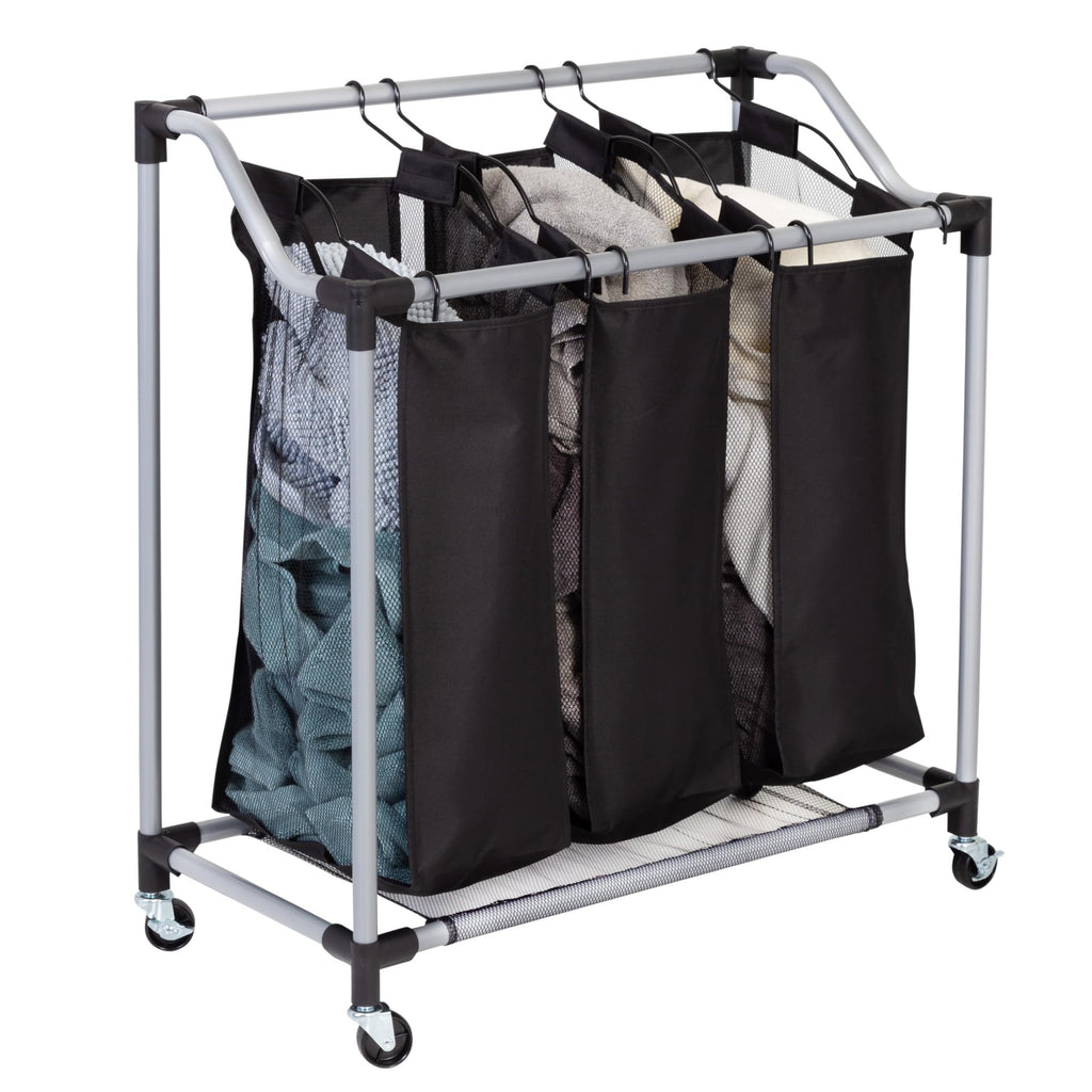 Honey-Can-Do Triple Laundry Sorter with Mesh 3 Bags, Steel/Black, 30.75" x 15" x 32.75"
