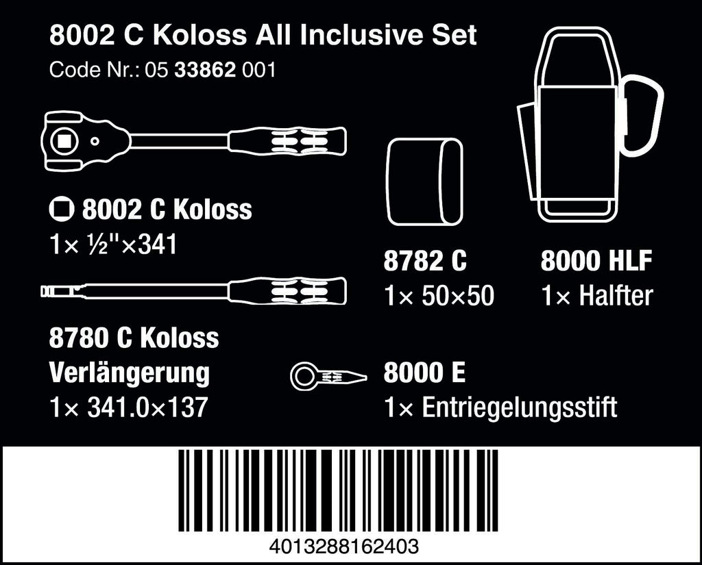 WERA 8002 C Koloss All-Inclusive Tool Set - 1/2" Drive, 5 Essential Pieces for Professionals