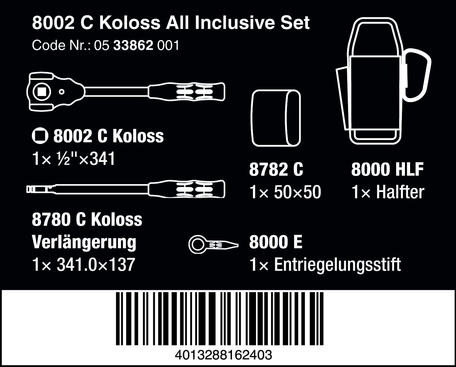 WERA 8002 C Koloss All-Inclusive Tool Set - 1/2" Drive, 5 Essential Pieces for Professionals