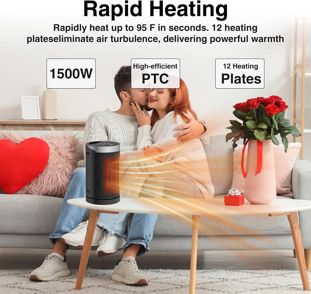WINHL Portable Electric Space Heater - 1500W PTC Ceramic with Thermostat, Remote & 70° Oscillation | Ideal for Home & Office