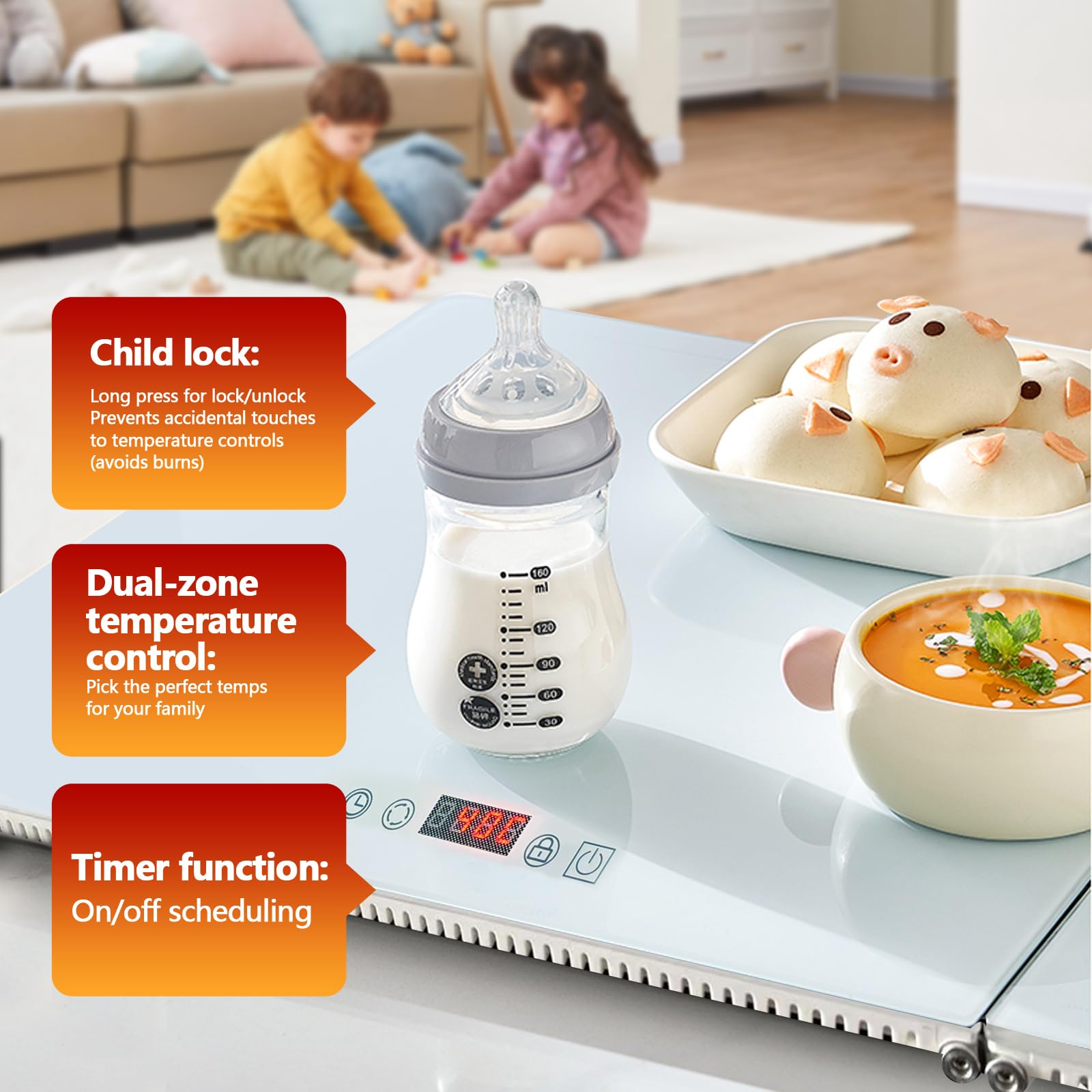 TUERKUMEN Food Warmer Tray - Foldable Desktop Warming Plate with Touch Control, Heat-Resistant Edges & Insulated Base, Stain-Proof Surface for Family Gatherings/Parties (Unfolded: 31.5"X15.75")