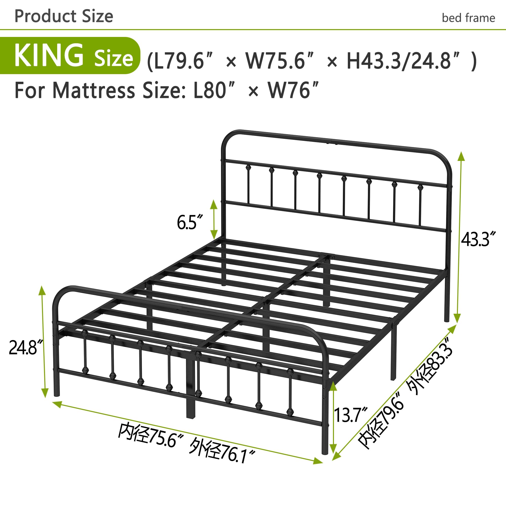 Kujielan Metal Bed Frame - Structurally Stable Heavy Duty Steel Slat Supported King Bed Frames,No Box Spring Needed for Easy Removal and Transport.