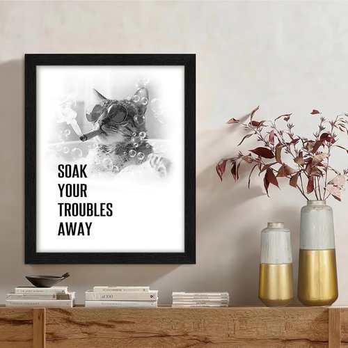 arteWOODS Funny Cat Bathroom Wall Art - Rustic Black Framed Print for Kids' Washroom | 8x10 Inch