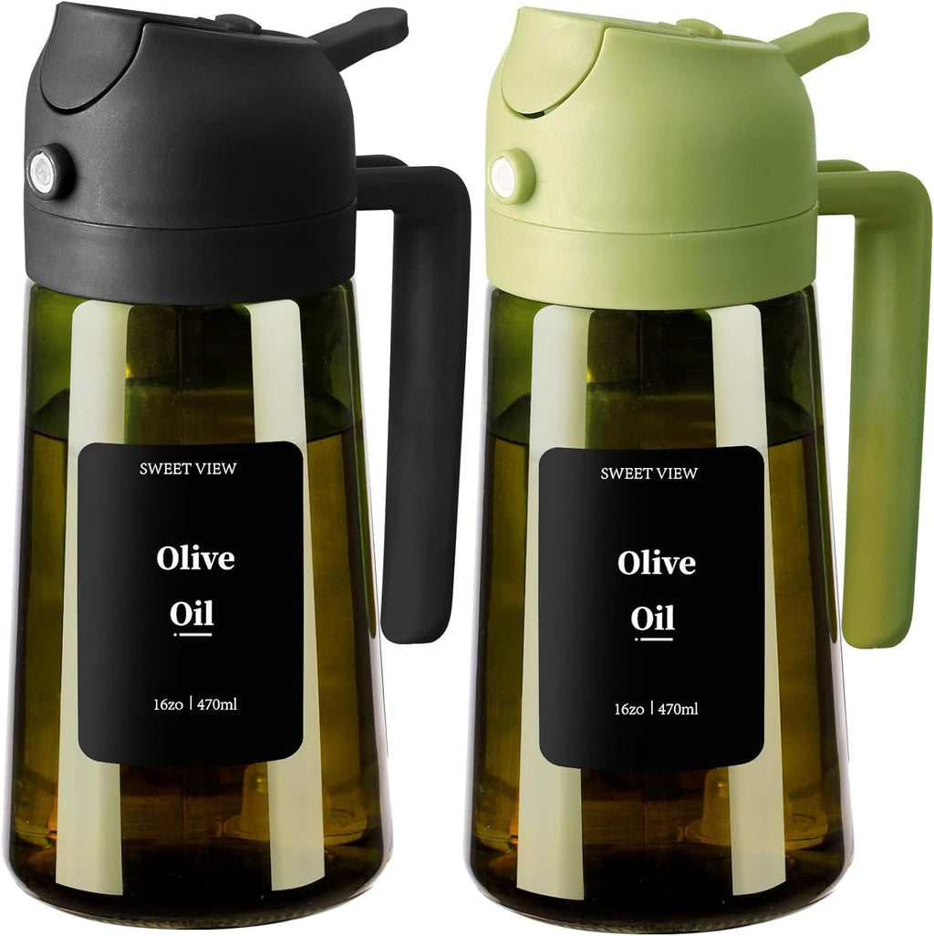 Sweet View Olive Oil Dispenser & Sprayer - 16oz Light-Proof Glass Pourer for Cooking & BBQ