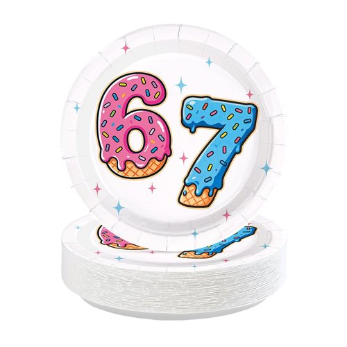 Greencian 50Pcs Donut 6 7 Birthday Paper Plates 9 Inch Disposable I was 6 Now I'm 7 Plates Sweet Donut Six Seven Theme Tableware Sets for Kids Boys Girls 6-7 Year Old Birthday Party Supplies Decor