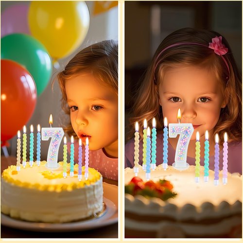Zuiaso Number Birthday Candle with 12PCS Spiral Candles and A Birthday Card - Perfect for Celebrating Birthdays (Macaron Glitter, Number 7)