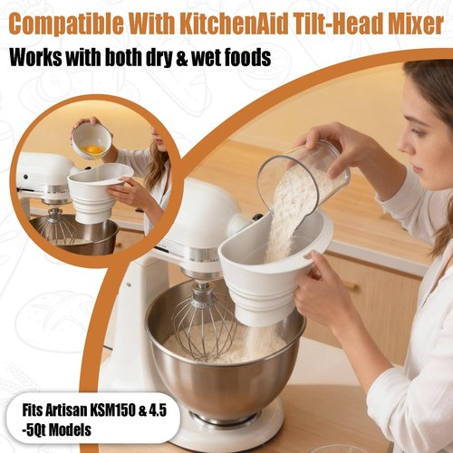 Flour Funnel for Kitchen Aid Mixer, Silicone Funnel with Spatula and Flour Brush, Anti-Splash Attachment for Kitchen Aid Artisan KSM150 5-Quart Tilt-Head Mixer, No-Mess Pouring Baking Tool (White)