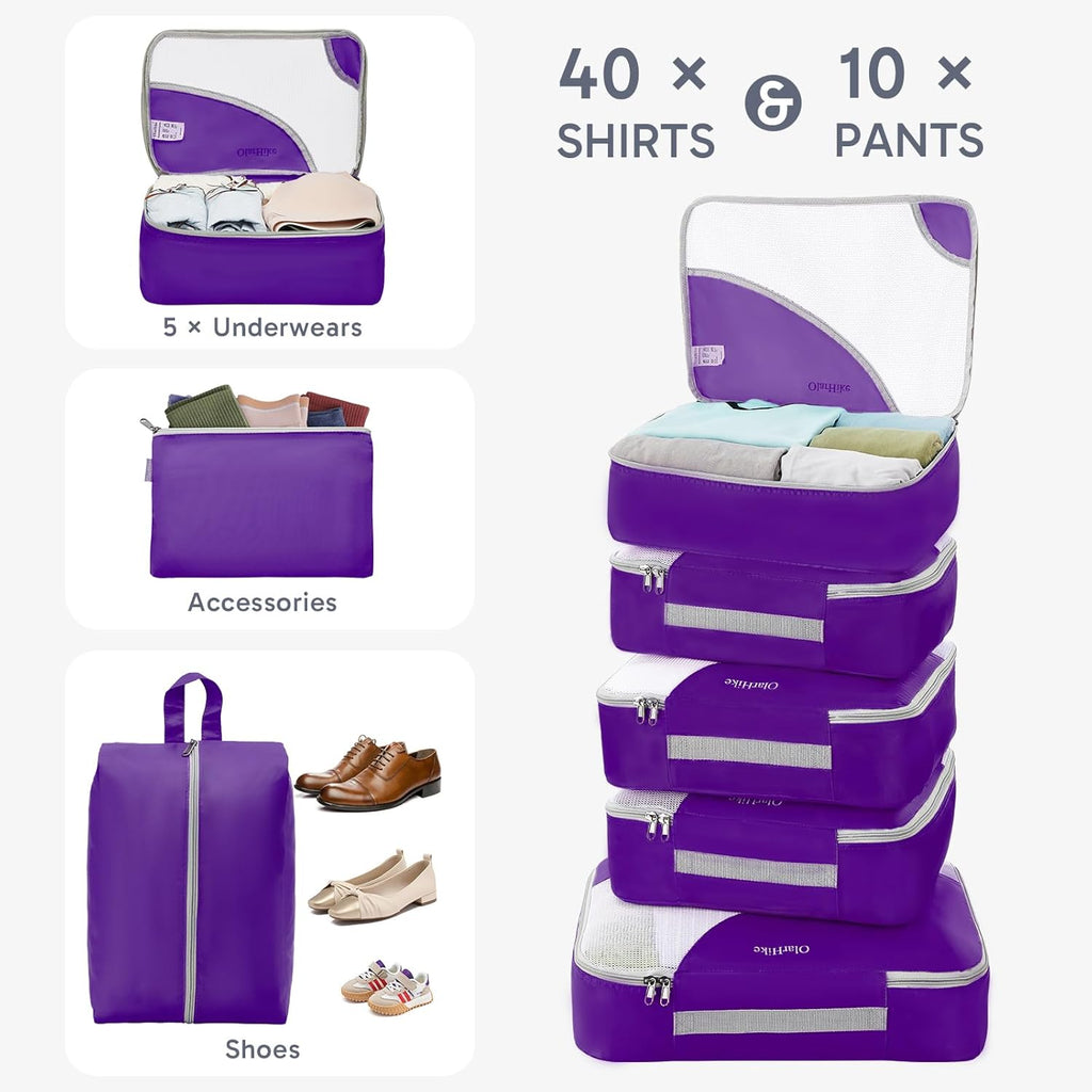 OlarHike Packing Cubes Set - Durable Travel Organizers with Anti-Tear Stitching | 10-Piece Purple Set