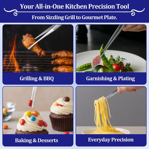 12-inch Stainless Steel Cooking Tongs & Tweezers, Non-Slip Grip & Serrated Tips for Grilling, Baking, Garnishing, BBQ, Kitchen & Craft Use (Round Tip)