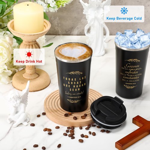 Meanplan 10 Sets Easter Spanish Christian Gifts Bulk Bible Verse Tumbler for Men Women Regalos Cristianos Para Mujer Stainless Steel Christian Mugs 17oz Coffee Cup Religious Church Gifts(Black)