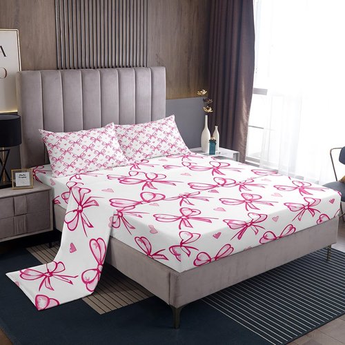 Pink Bow Girlish Kids Sheet Queen Size,Bowknot Love Heart Hand Paint Cute Bedding Set,Girls Women Room Decor,Princess Style Bow Tie Girly Romantic Bed Sheet Set 4pcs(Fitted + Flat + 2 Pillowcases)