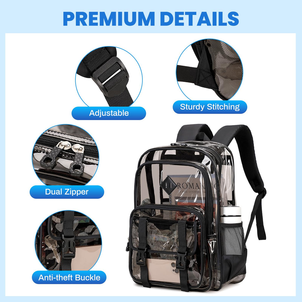 QIXIHU Large Clear Backpacks for School Heavy Duty Transparent Backpack for Stadium Event See through Bookbag for Kids Adult Thick PVC Back Pack, Semi-Black