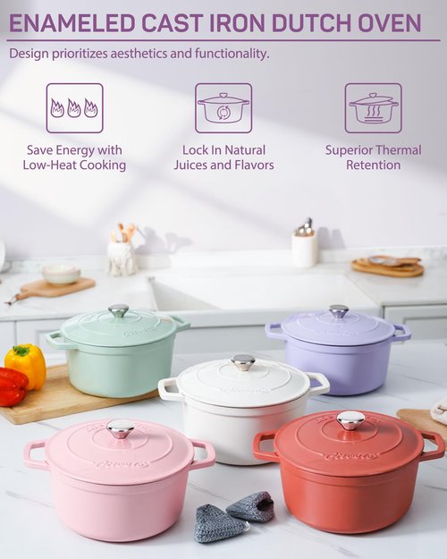 Ciwete Enameled Cast Iron Dutch Oven – 4.4 Quart Pot with Lid & Potholders – Heavy-Duty Cookware for Bread Baking, Braising, Stews & Roasting – Oven & Stovetop Safe up to 500°F – Purple