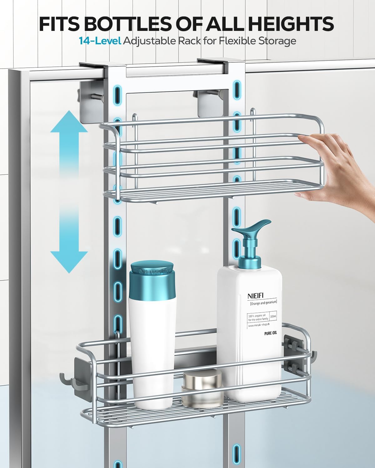 Nieifi Over The Door Shower Caddy - Adjustable Bathroom Organizer Rack | Extra Large Silver Shelf