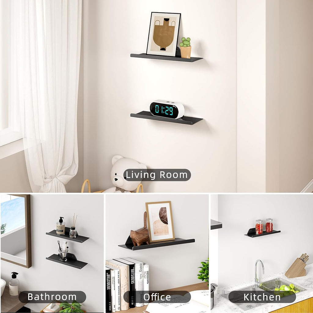 Skiennix Floating Wall Shelf - Modern Off-Center Metal Design for Decor | 12" Black Storage Solution