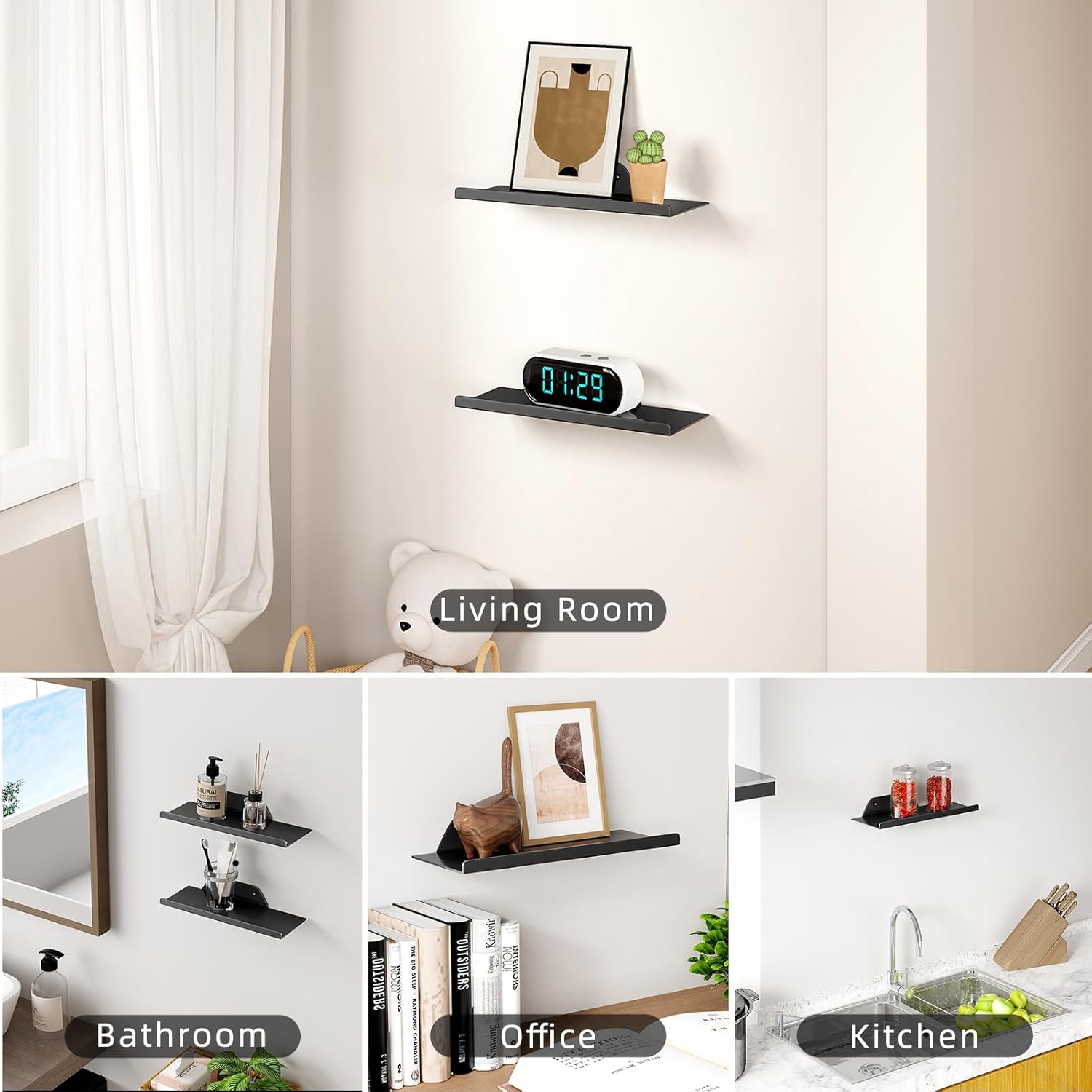 Skiennix Floating Wall Shelf - Modern Off-Center Metal Design for Decor | 12" Black Storage Solution