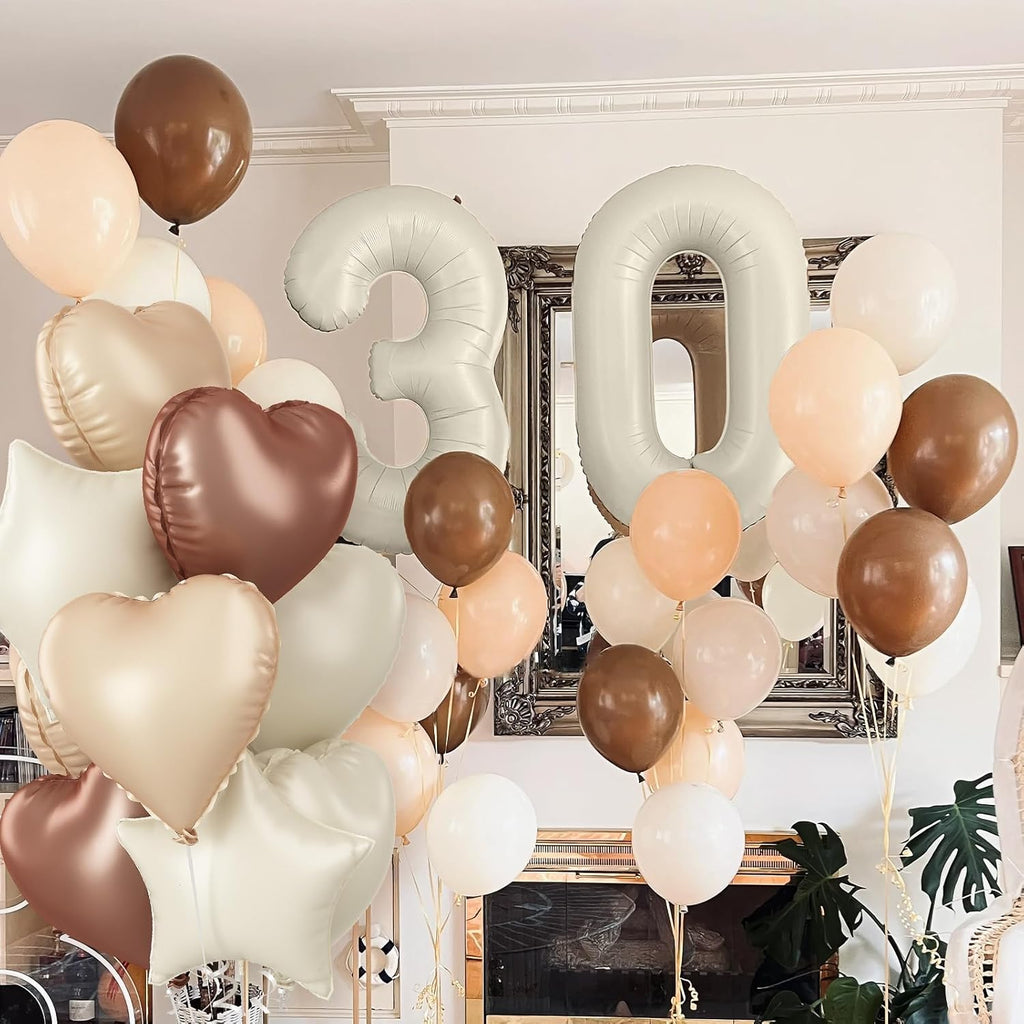 Skiennix 30 Balloons Decor - Beige Nude Apricot Foil Star & Heart Balloons | 40'' White Sand Helium Number 30 for 30th Birthday & Wedding Anniversary Celebrations