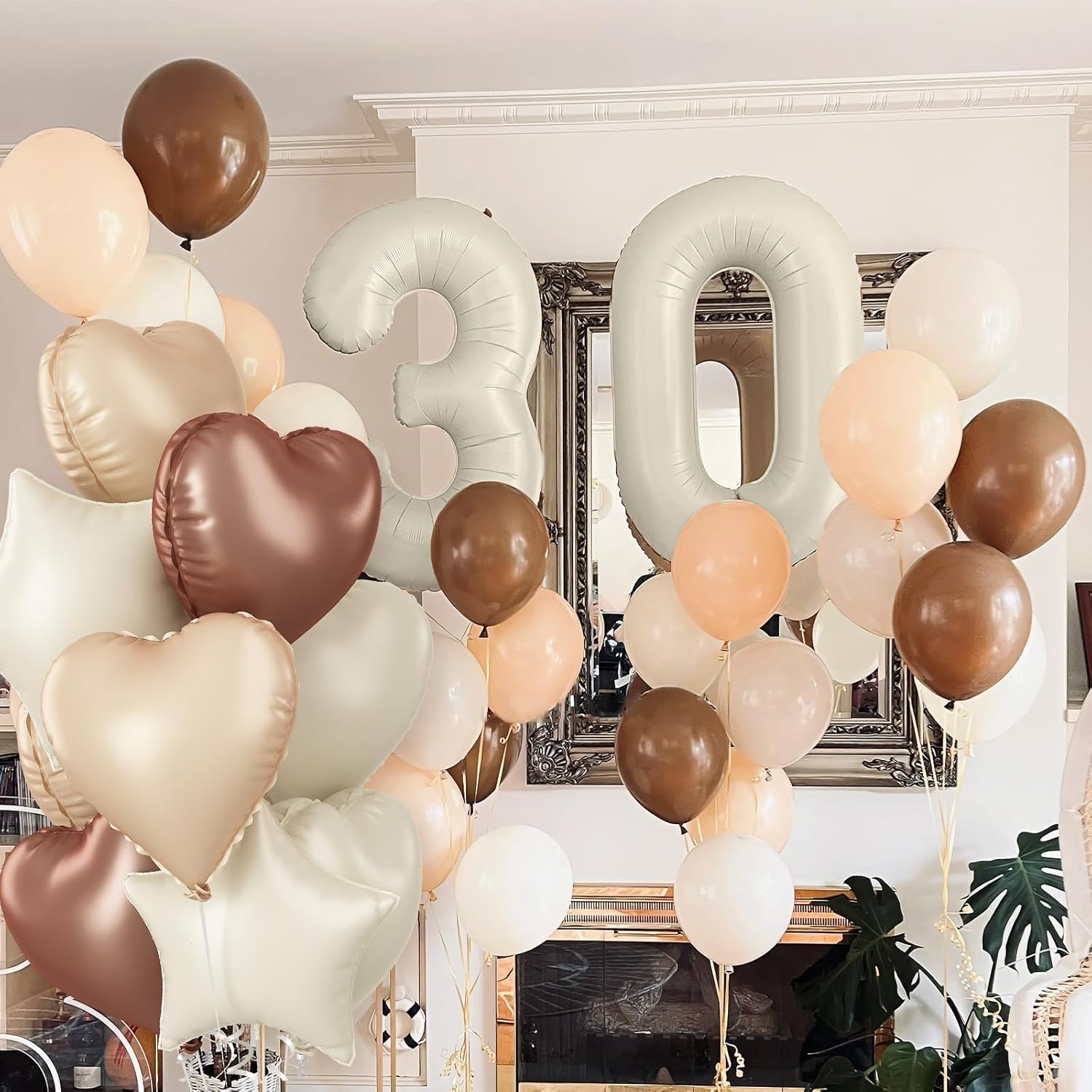 Skiennix 30 Balloons Decor - Beige Nude Apricot Foil Star & Heart Balloons | 40'' White Sand Helium Number 30 for 30th Birthday & Wedding Anniversary Celebrations