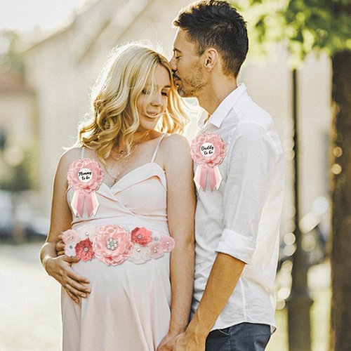 Baby Shower Maternity Sash Belly Belt, Pink Mom to Be Sash Daddy to Be Corsage Pin Baby Shower Decorations for Girl, Pregnancy Photo Props Supplies,Gender Reveal Decorations
