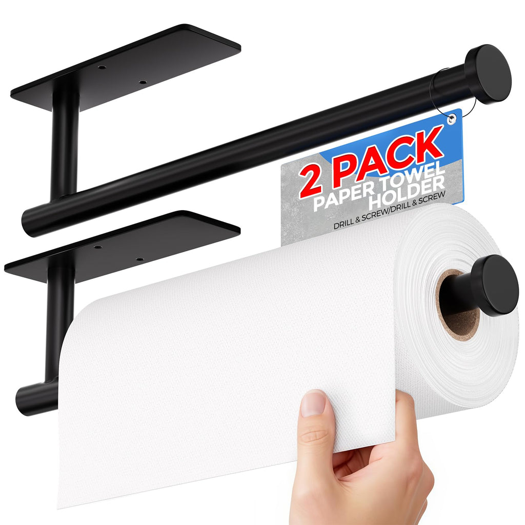 zaa Paper Towel Holder - 2 Pack Under Cabinet Paper Towel Holder, Fits Mega Paper Towel Rolls, Wall Mount Rack for Kitchen, Bathroom, RV, Adhesive or Screw Installation, Black