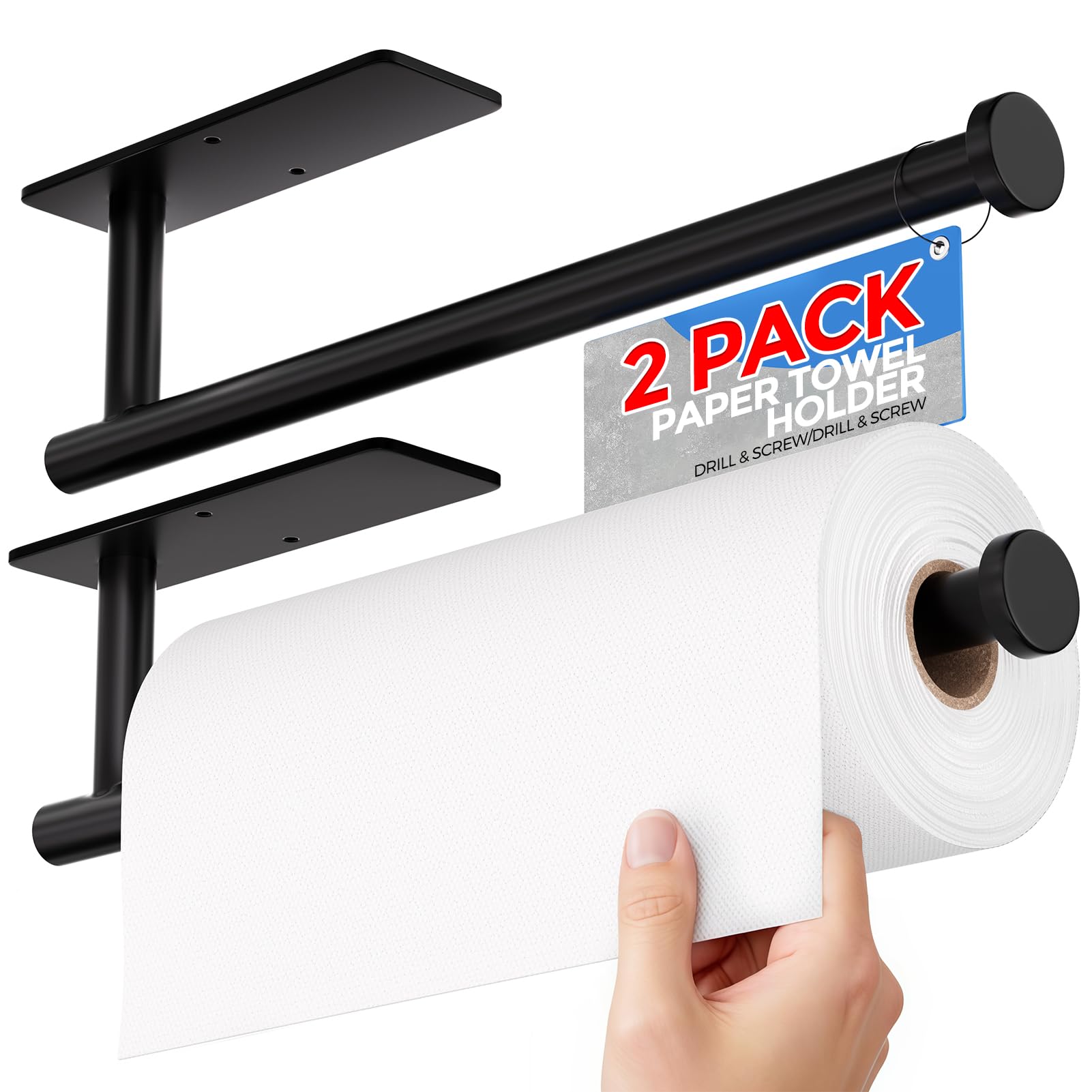 zaa Paper Towel Holder - 2 Pack Under Cabinet Paper Towel Holder, Fits Mega Paper Towel Rolls, Wall Mount Rack for Kitchen, Bathroom, RV, Adhesive or Screw Installation, Black