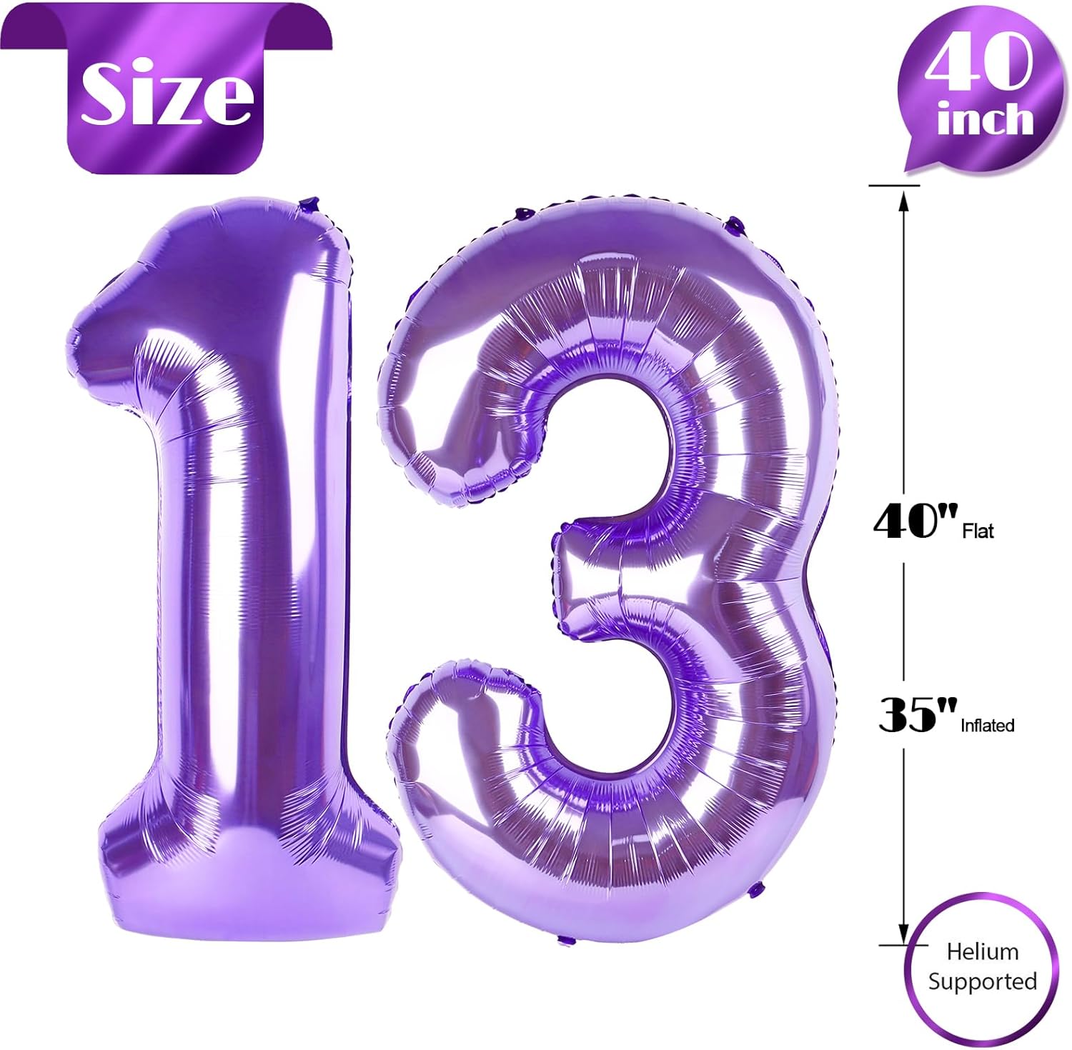 Purple Number 13 Balloon - 40 Inch Giant Foil Balloon for 13th Birthday Party Decorations
