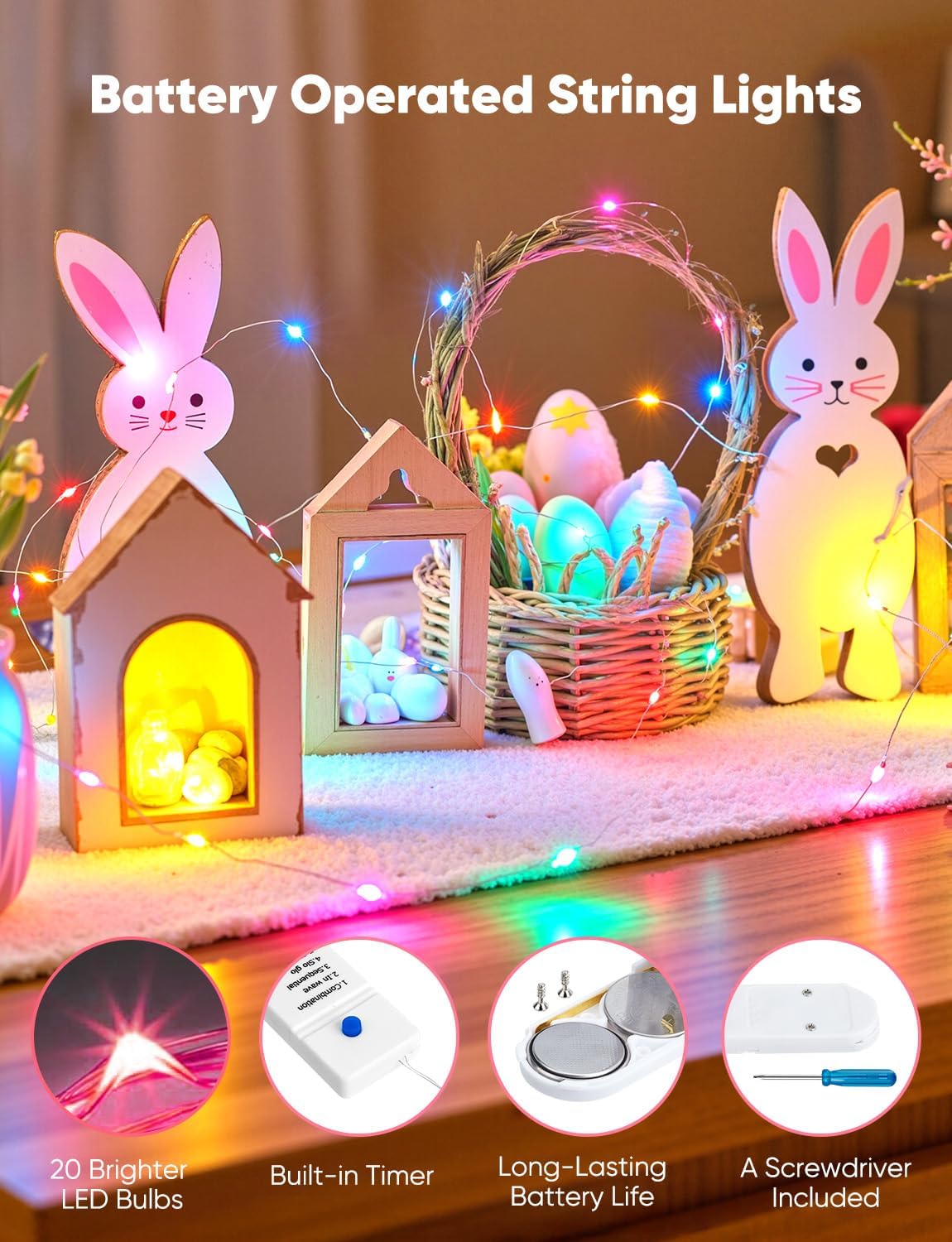 Minetom 12 Pack Pastel Christmas Lights - 7ft Battery Operated LED Fairy String Lights | Waterproof Easter Decor