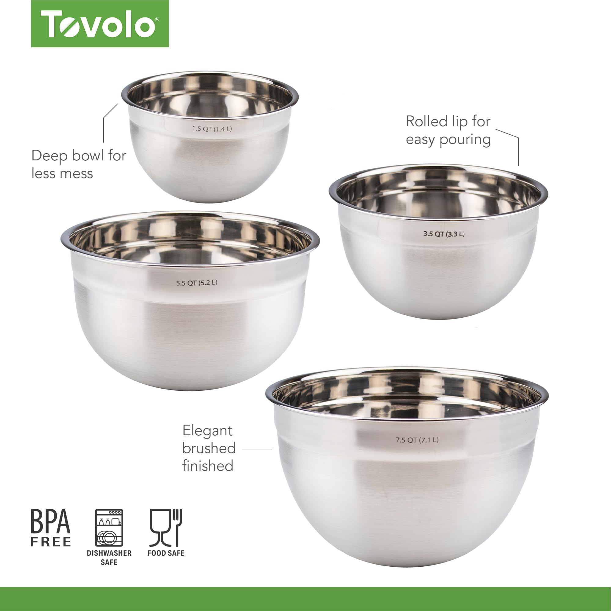 Tovolo Stainless Steel Mixing Bowls Set of 4 Small Medium Large XL Metal Bowl Set for Cooking Baking Prep, Dishwasher Safe Nesting Mixing Bowls Set, Freezer Storage and Mixer Safe Heavy Duty Bowls