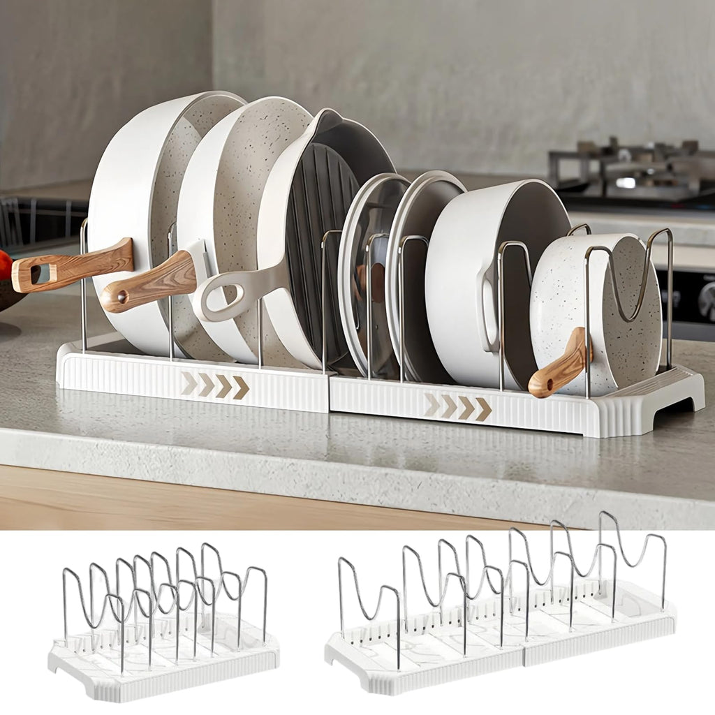 Silanit Expandable Pot and Pan Organizer Rack for Kitchen Cabinet or Under Sink, Adjustable Lid Holder with 7 Dividers, Space-Saving Storage for Renters, Small Homes, and Busy Cooks, White